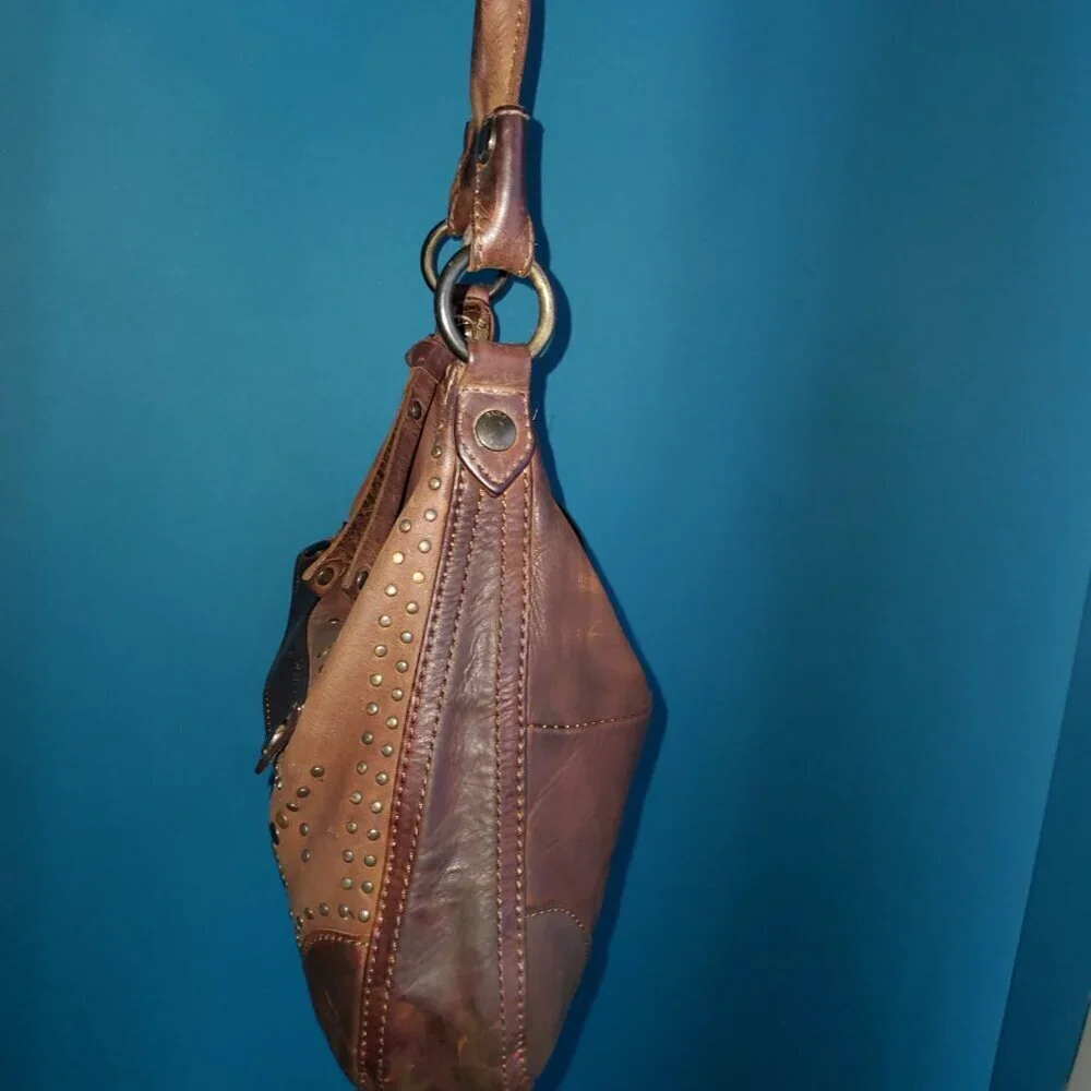 👜 FRYE Vintage Brown Leather Studded Hobo Shoulder Bag Boho